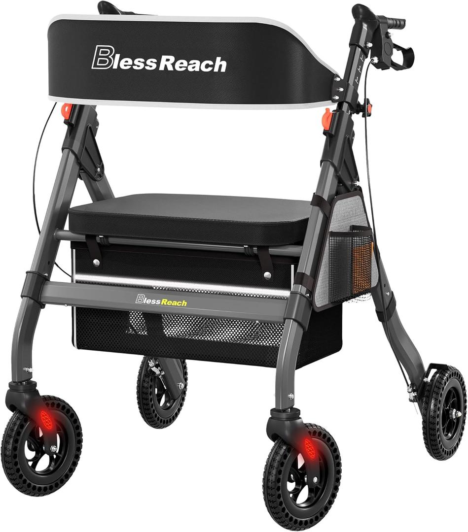 BlessReach Heavy-Duty Aluminum Rolling Walker - Foldable Rollator Walkers with Seat for Seniors, 450 lb Capacity, 8'' Wheels, 18" Big Seat, 6-Position Height(Gray)