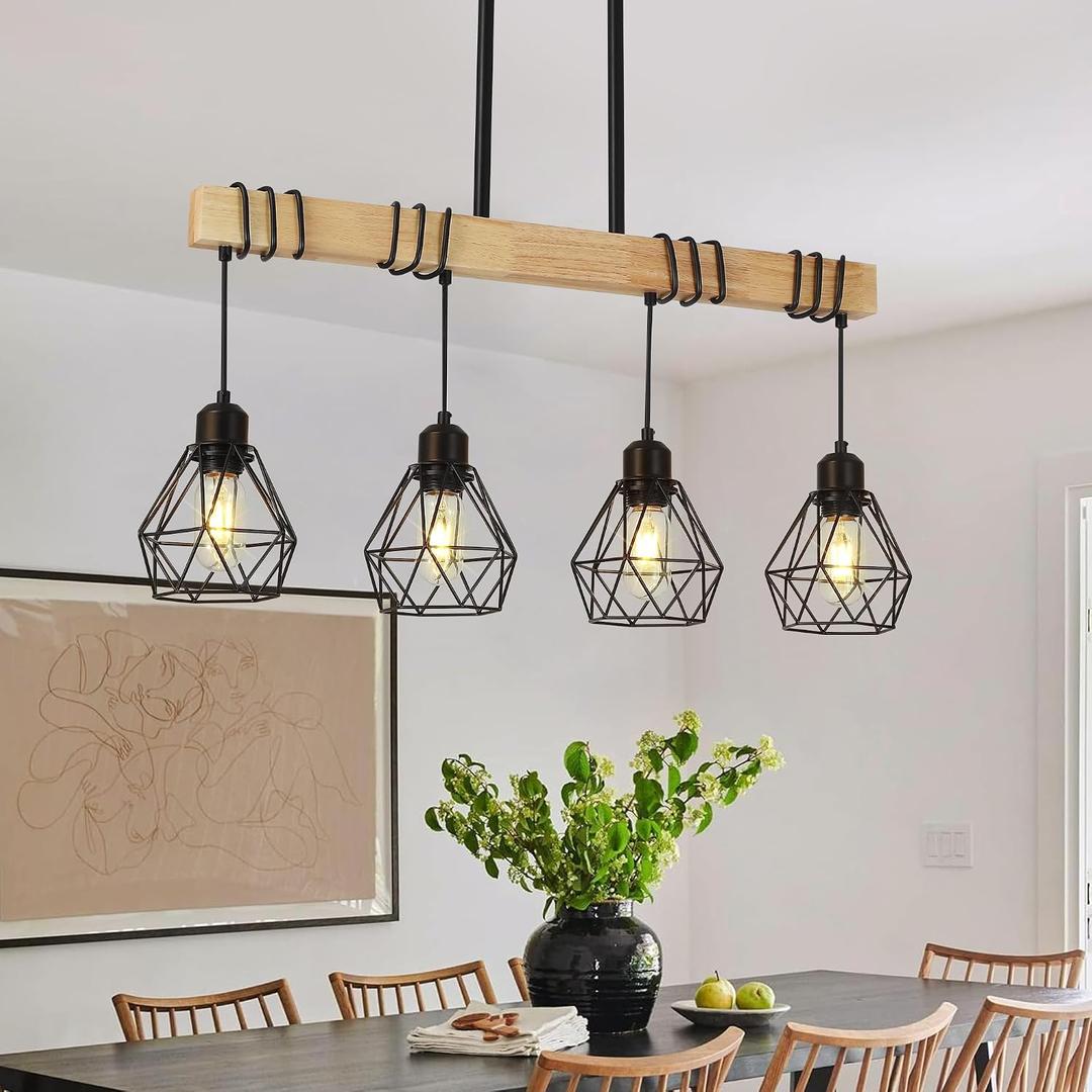 30" Farmhouse Kitchen Light Fixture, Black Hanging Kitchen Chandelier, 4-Light Rustic Dining Room Light Adjustable Height with Wood and Metal Frame, Suit for Farmhouse, Industrial Style