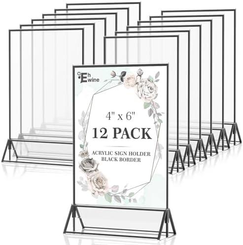 EHWINE 12 Pack Acrylic Sign Holder 4 x 6, Double Sided Black Picture Frame Stand up Table Top Sign Holders, Clear Display Stand Menu Flyer Holder for Wedding Party(Provide Non-slip Mats)