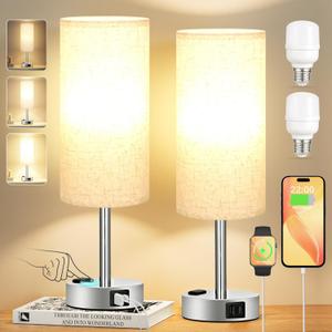 Light Beige Touch Nightstand Lamps Set of 2-3 Way Dimmable Bedside Table Lamps for Bedroom with USB C and A Ports, Small Desk Lamps with AC Outlet for Kids Dorm Nursery (14.0In)