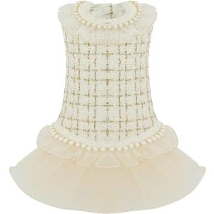 Dog Plaid Dress Lace Tulle Tutu Princess Skirt with Pearls Accessory for Small Girl Dogs Christmas Holiday Wedding Birthday Party (White, L)