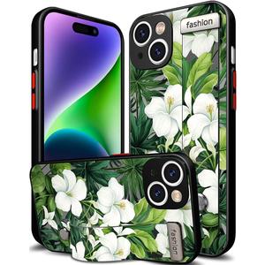 Compatible for iPhone 14 Case Cute with Strap Stand Finger Kickstand, Designer Cool Silicone Cases Funda Cover - Green Fresh Tropical Leaves