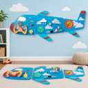WOODENFUN Wooden Activity Wall Busy Board for Toddlers, 12 in 1 Airplane Montessori Sensory Wall Panel with Bead Maze, Baby Learning Toys for Boys Girls