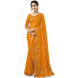 SIRIL Women's Bandhani Printed & Lace Chiffon Saree with Blouse