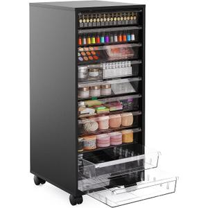 WOPITUES Storage Drawer Cart, Mobile Storage Cabinet, Makeup Storage with 10 Large Clear Drawers, Utility Wooden Rolling Cart on Wheels, for Cosmetic, Art Craft, Office Supplies, Toy, Black