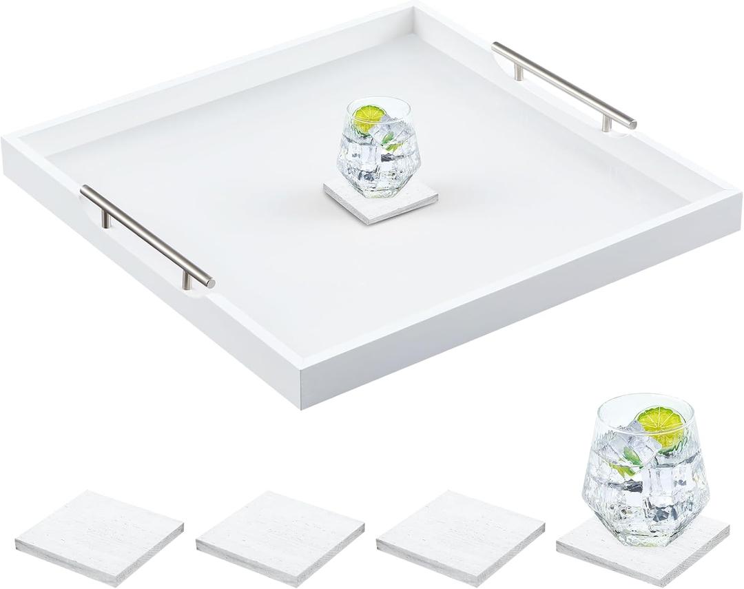 Large Square Ottoman Tray 24 x 24 x 2 Inch Wood Serving Tray with 4 Coasters and Metal Handles for Food Coffee Tea Table Sofa Living Room Home Housewarming Gift(White)