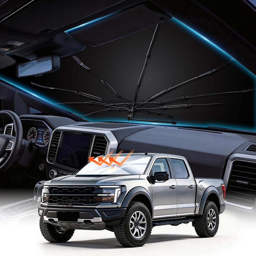 Windshield Sun Shade Umbrella for 2021-2026 Ford F-150 F-250 F-350 Accessories, Custom Fit Front Window Sunshade with UV Block & Heat Reduction, Reinforced Frame, Easy Install Foldable Car Sunshade