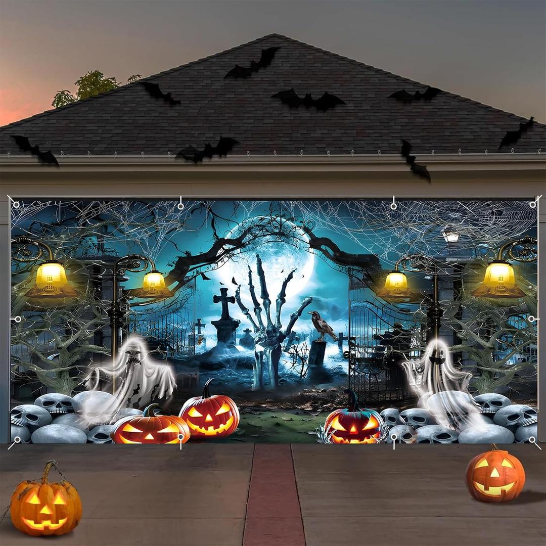 Halloween Garage Door Cover 7x16ft Scary Cemetery Graveyard Skull Ghost Backdrop Large Garage Buddy Halloween Banner Decorations Murals Outdoor Home Yard Photo Background