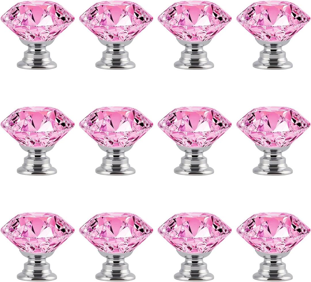 12 Pack Pink Crystal Cabinet Knobs 1.2" Diamond Glass, Girl Vanity Desk Handles, Cute Bathroom Cabinet Pulls for Dresser Drawer, Decorative Drawer Knobs with Screws (Clear Pink)