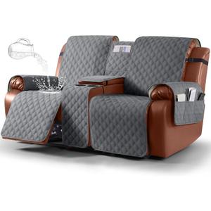 Ruaozz Waterproof Loveseat Recliner Cover with Console Non-Slip Reclining Couch Covers Split Sofa Slipcovers with Elastic Straps for Kids, Dogs, Pets (Dark Grey, 2 Seater)