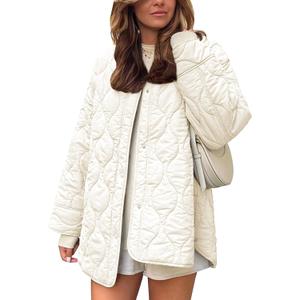 Flygo Women's Oversized Quilted Lightweight Jacket Button Down Puffer Padded Outerwear with Pocket(Beige-M)