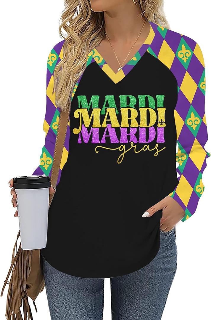Mardi Gras Shirts for Women Funny Carnival Tuesday T Shirt New Orleans Party Shirt Mardi Gras Outfit Long Sleeve Tops (L)
