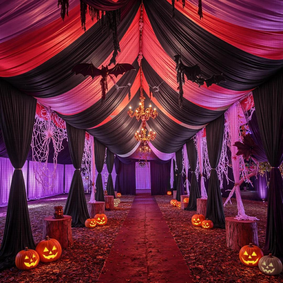 6 Panels 5ftx30ft Black Ceiling Drapes for Halloween Parties 30 FT Extra Long Thick Polyester Wrinkle-Free Drapery Tent Decor Decorations for Birthday Party Ceremony Stage Swag, 60"W x 360"L