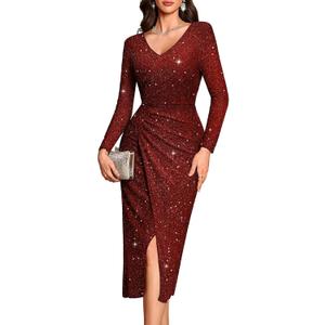 Bbonlinedress Women Sequin Long Evening Prom Cocktail Dress Maxi Split Glitter Sparkly Formal Wedding Guest Dress (Red, L)