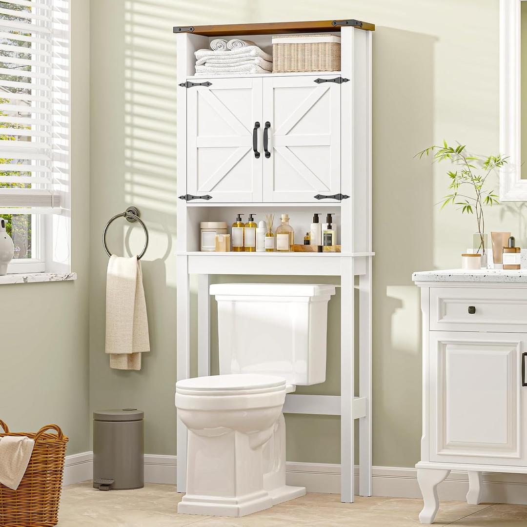 Halitaa Over The Toilet Storage Cabinet, Farmhouse Over Toilet Bathroom Organizer with 2 Barn Doors, Narrow Above Toilet Storage Cabinet, Behind Toilet Bathroom Organizer, White and Brown