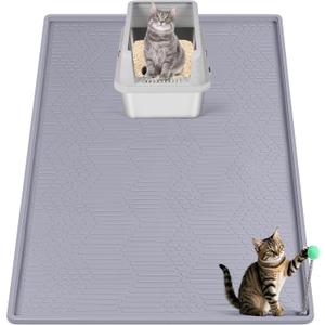 Large Cat Litter Mat with Toy Ball, 34'' x 22'' Silicone Cat Litter Trapping Mat for Scatter Control, Soft on Kitty Paws, Easy to Clean (Light Grey)