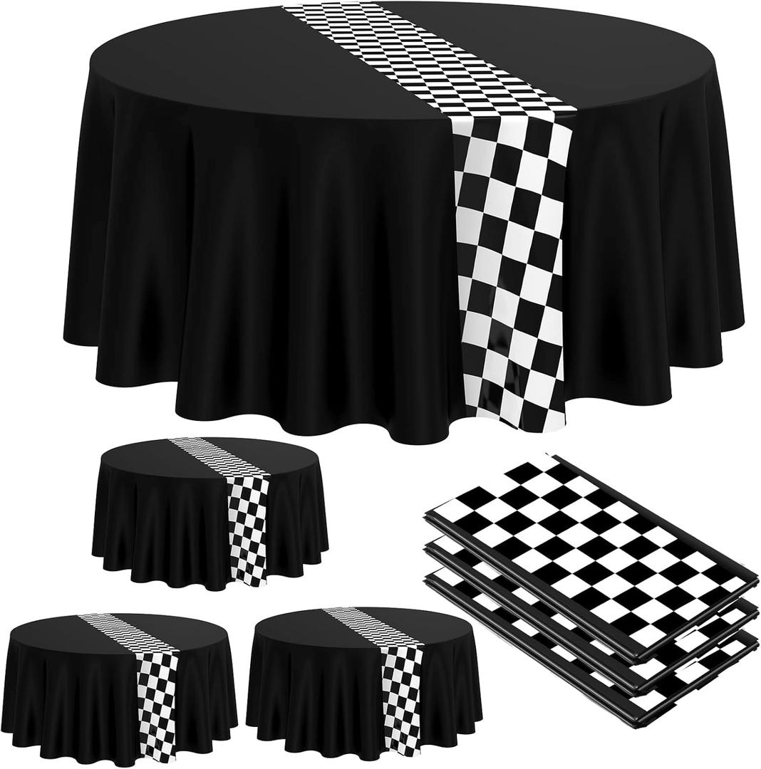 Oudain 3 Pcs Cars Birthday Party Supplies Racing Party Decorations Round Racing Tablecloth Checkered Flag Table Covers Road Plastic Table Cloth, 1950s Disco Dancing Party Tablecloth (Black)