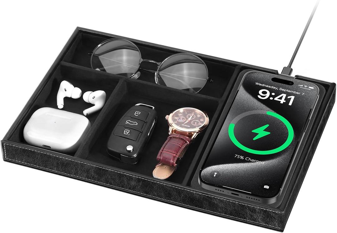 Valet Tray with Wireless Charger, Nightstand Organizer for Men, EDC Catchall Tray for Keys, Watch, Wallet, Jewellery, Premium Vegan Leather, Bedside Caddy, Stylish and Organized, PU Black