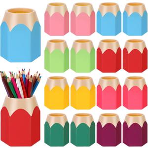 16 Pcs Pencil Shaped Pen Holders Plastic Pencil Holder Desktop Pen Cups Colorful Pencil Storage Organizer Cute Penci-l Pot Makeup Brush Container for Desk School Office Home Table Decoration