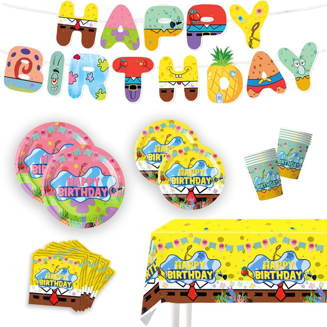 Cartoon Sponge Birthday Supplies, Cute Funny Sea Happy Birthday Tableware for Kid, Party Decoration Supplies with Banner, Tablecloth, Plate, Paper Cup, Napkin