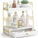 Bathroom Counter Organizer with Drawer, Slim 2-Tier Vanity Countertop Storage Shelf for Skincare, Toiletries & Small Essentials (White)