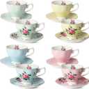 BTaT- Floral Tea Cups and Saucers Set of 8 (8 oz), Porcelain Tea Cup Sets, Assorted Colors with Gold Trim & Gift Box, Dishwasher Safe
