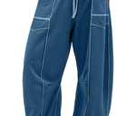 Panadila Womens Barrel Pants Drawstring Wide Leg Sweatpants Baggy Summer Lounge Pants Casual Beach Trousers (Blue, L)