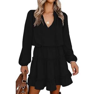 BTFBM Long Sleeve Fall Dresses for Women 2025 Summer Casual Tie Neck Ruffle Tiered A Line Wedding Guest Short Mini Dress