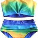 ZAFUL Women's High Waisted Tankini Swimsuit Scoop Neck Ruched Bikini Set Sporty 2 Piece Bathing Suit (Medium, Colourful)