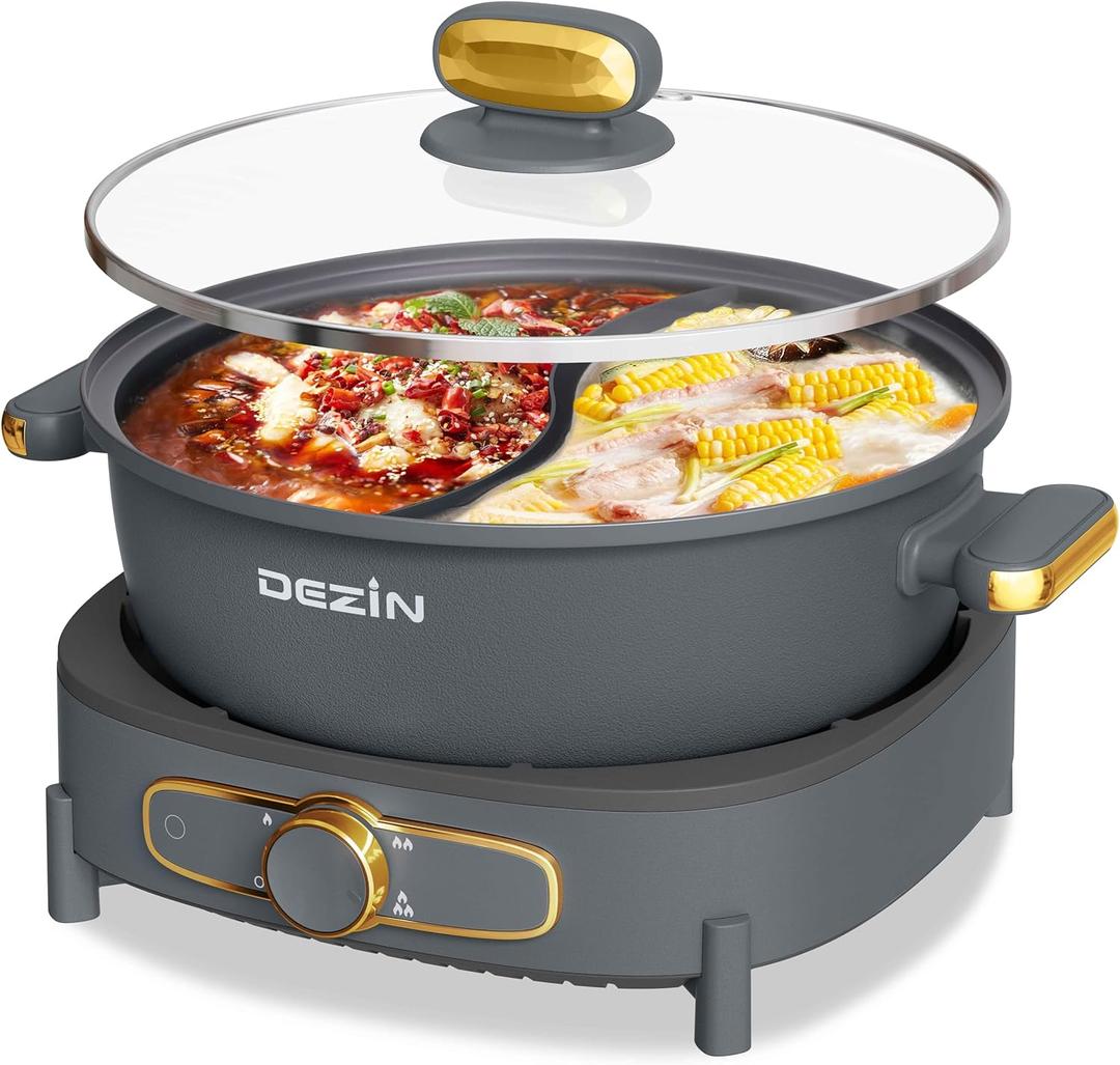 Dezin Hot Pot Electric with Divider, 6L Double-Flavor Shabu Shabu Pot, Dual Sided Removable Non-Stick Hotpot Pot Electric, 3" Depth Chinese Hot Pot with Multi-Power Control, 2 Silicone Ladles Included (Grey) Dezin Hot Pot Electric with Divider, 6L Double-Flavor Shabu Shabu Pot, Dual Sided Removable Non-Stick Hotpot Pot Electric, 3" Depth Chinese Hot Pot with Multi-Power Control, 2 Silicone Ladles Included (Grey)