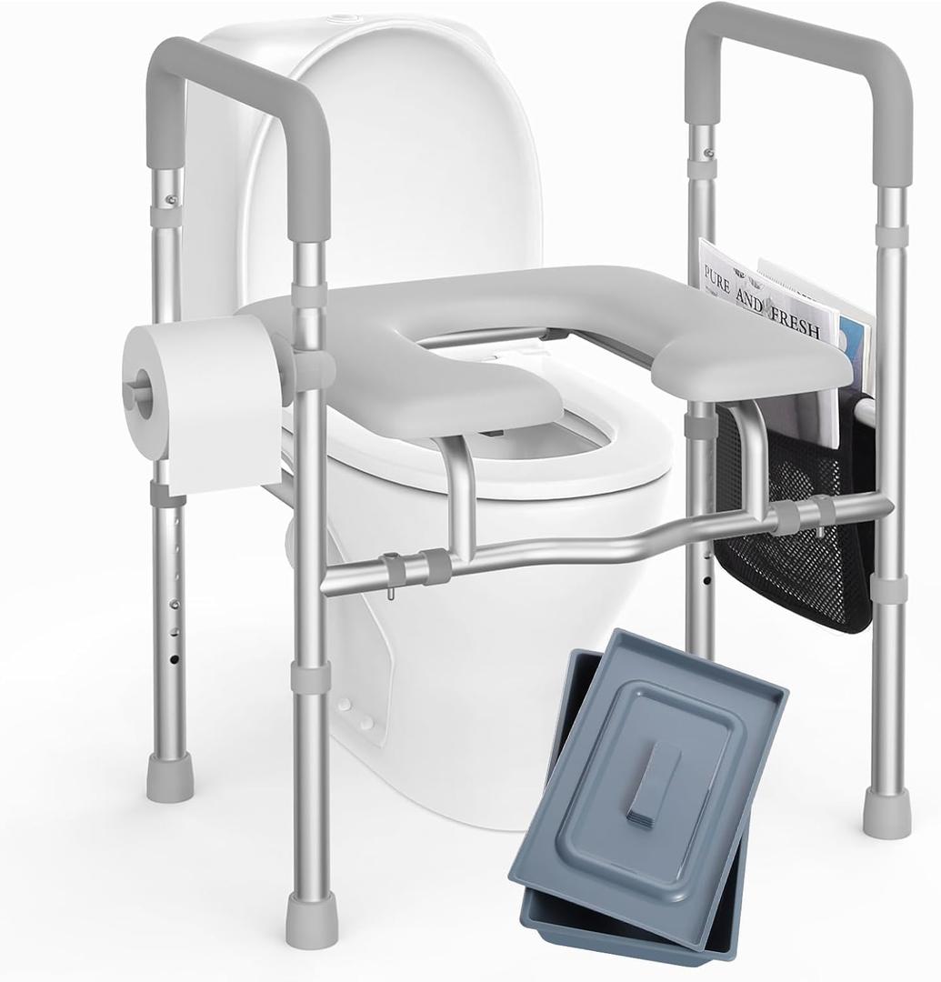 Raised Toilet Seat with Handles, HSA 400LB Adjustable Width and Height Elevated Toilet Seat Riser for Seniors with Cozy Padded Armrests Handles Paper Holder Bedside Commode for Elderly, Silver (20.8"-22.4")