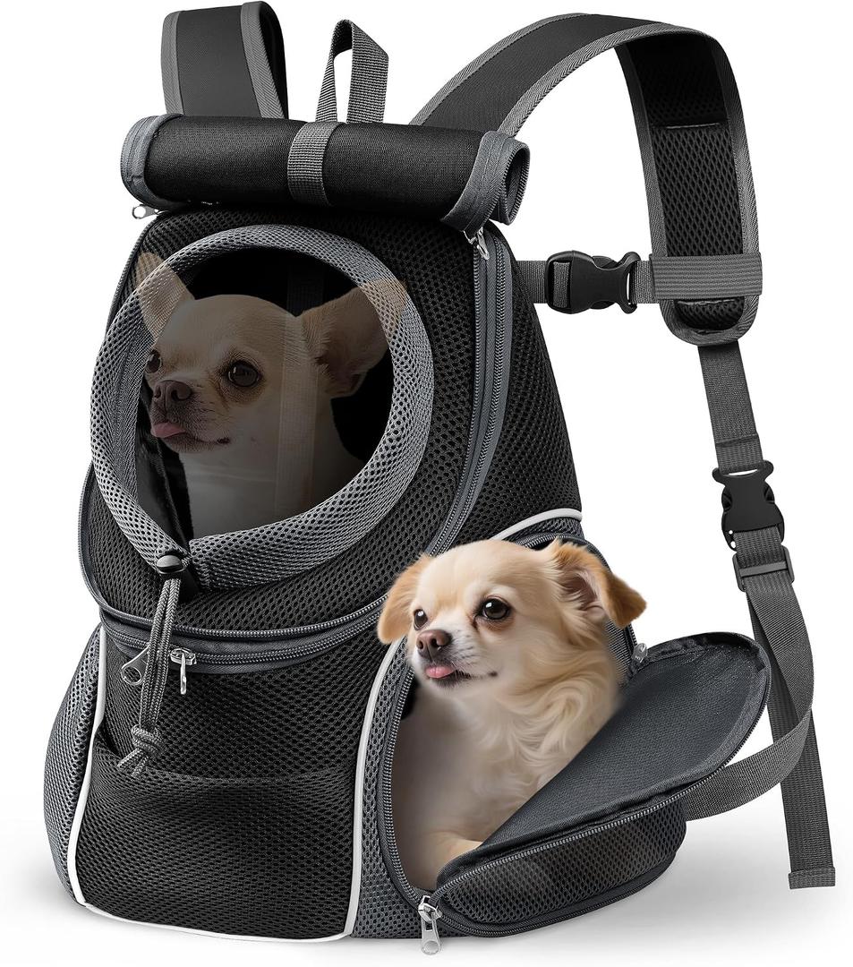 YUDODO Dog Front Carrier Backpack with Sunshade Hood, 2 Head-Out (Front & Side) Breathable Pet Carrier for Small Dog, Ventilated Doggy Backpack for Hiking Outdoor (Upgraded Black, L)