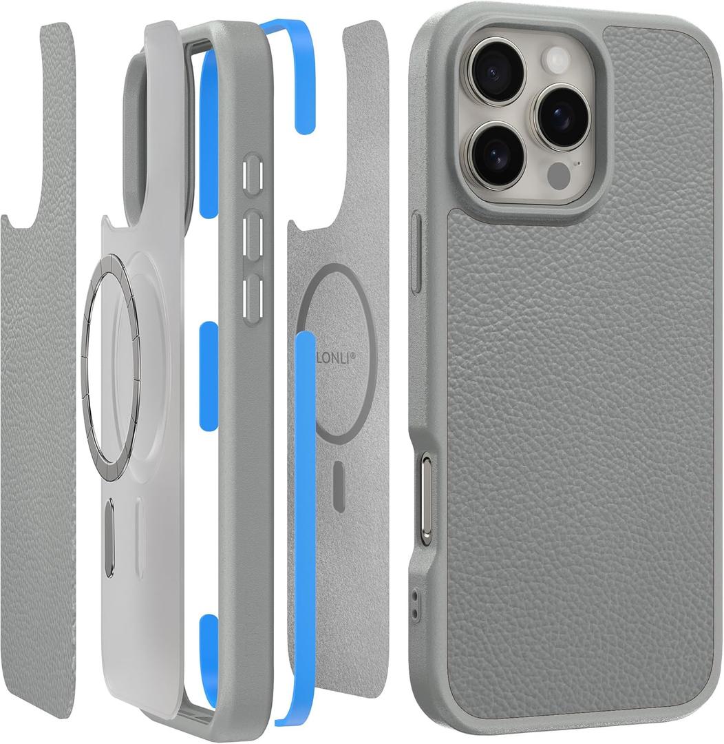 LONLI 2.0 - for iPhone 16 Pro Case - The Toughest Leather Magnetic Protective Phone Cover - [360 Shock-Absorbent Bumper and Inner TPE Frame] - [Compatible with Magsafe] - Moon Mist Leather