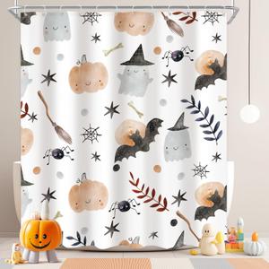 Halloween Kids Shower Curtain 60Wx72L Inch Cute Cartoon Ghost Pumpkin Shower Curtain Bathroom Set Bat Spider Web Wizard Hat Funny Stars Leaves Bath Curtain Bathtub Accessories Home Decor