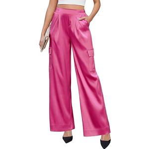 ZAFUL Womens Satin Pants Wide Leg High Waisted Cargo Pants Silky Dressy Casual Slack Trousers L