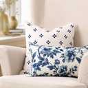Crumbs Home California Casual Coastal Indoor Outdoor Throw Pillow Cover, 20"x20" Water Repellent for Patio, Backyard, Couch, Poolside, Neutral Navy Embroidered Small Squares