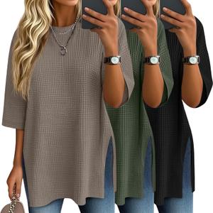 3 Pack Women's 3/4 Sleeve Waffle Knit Tops Oversized Crewneck T-Shirts Loose Casual Blouses Side Split Tees, XXL