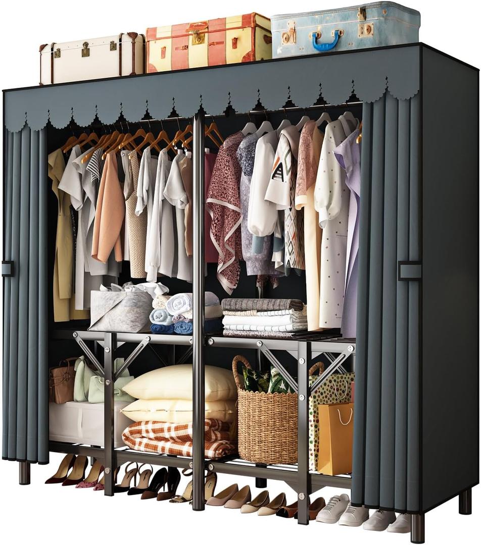 Gray Large Portable Armoire Wardrobe Closet with Foldable Clothing Wardrobe 25MM Steel Pipe Metal Frame Clothes Rack,One Piece Folding Design (59.1 x 17.7 x 66.9 inches)