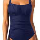 Aqua Eve One Piece Bathing Suit for Women Tummy Control Swimsuit Slimming Vintage Swimwear (Large, Navy Blue)