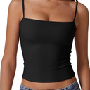 QINSEN Basic Cami Tank Top for Women Spaghetti Straps Sleeveless Double Lined Fashion T Shirt Tops Black XS