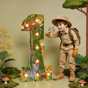 Safari Birthday Decorations, 3FT Marquee Numbers 1 for Jungle Party Decorations, Light Up Numbers for Wild One Birthday, Leopard Giraffe Zebra Animal Print Number Sign with Lights for Zoo Baby Shower