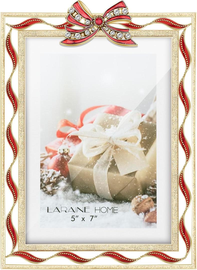 LARAINE Picture Photo Frame 5x7 Metal Ribbon Bow Rhinestones High Definition Display Pictures for Tabletop Home Decorative Holiday Gift (Gold)