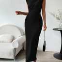 BTFBM Women Ruched Bodycon Maxi Dresses Summer Casual Sleeveless Lightweight Slit Elegant Cocktail Wedding Guest Dress (Black, M)