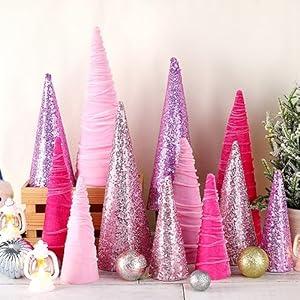 12 Pcs Christmas Velvet Tree Set Modern Christmas Decor Sequin Christmas Tree Decor Tree Figurines Holiday Entryway Tabletop Tree Centerpiece Rustic Winter Xmas Farmhouse Home Minimalist Decor (Pink)
