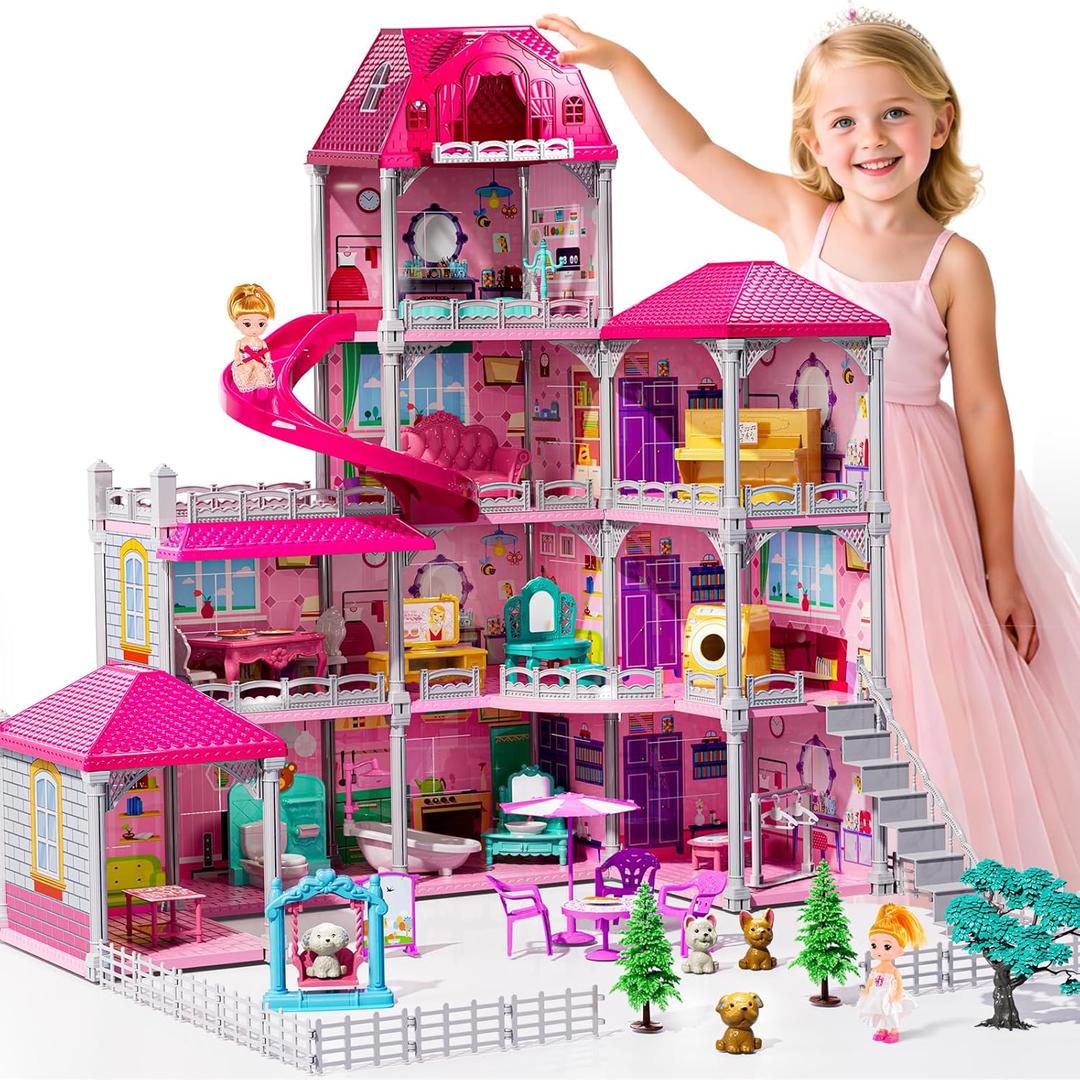 JUKUDAHU Villa Playset for Girls Ages 3-7, 4-Storey House with 10 Rooms, 2 Dolls, Furniture and Accessories, Indoor Playset Girls Toys for Ages 6-8, Pretend Toddler Toys, Birthday Gifts for Kids 4-8
