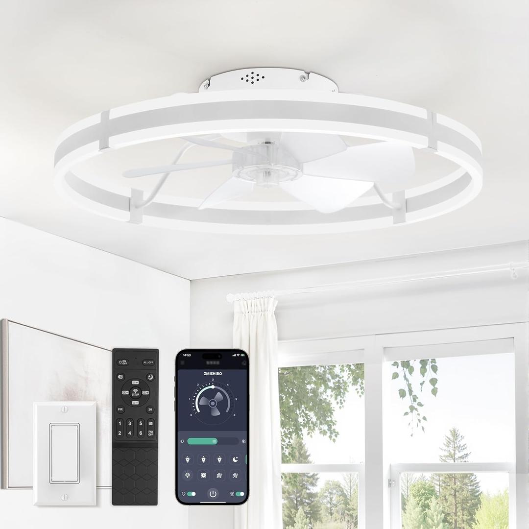 ZMISHIBO 24 Inch Ceiling Fans with Lights and Remote, Modern Low Profile Ceiling Fan, 3000-6000K Dimmable Flush Mount LED Fan Light, 6 Wind Speeds, Fandelier Ceiling Fans for Bedroom- White