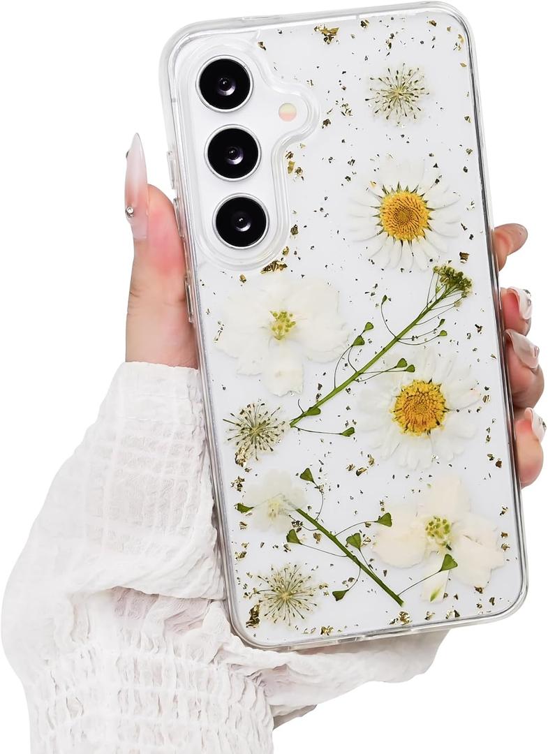 Compatible with Samsung Galaxy S25 5G Case,Cute Kawii Pressed Dried Real Flower Glitter Clear Design Shockproof Hard TPU Protective Cover for Samsung S25 6.2",White Flower