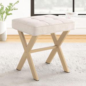 LUE BONA Square Linen Makeup Stool, Metal X Legs, Small Ottoman Stool Chair for Vanity, Modern Padded Seat Foot Rest for Makeup Room, Bathroom, 12.9"D x 16.9"W x 18"H