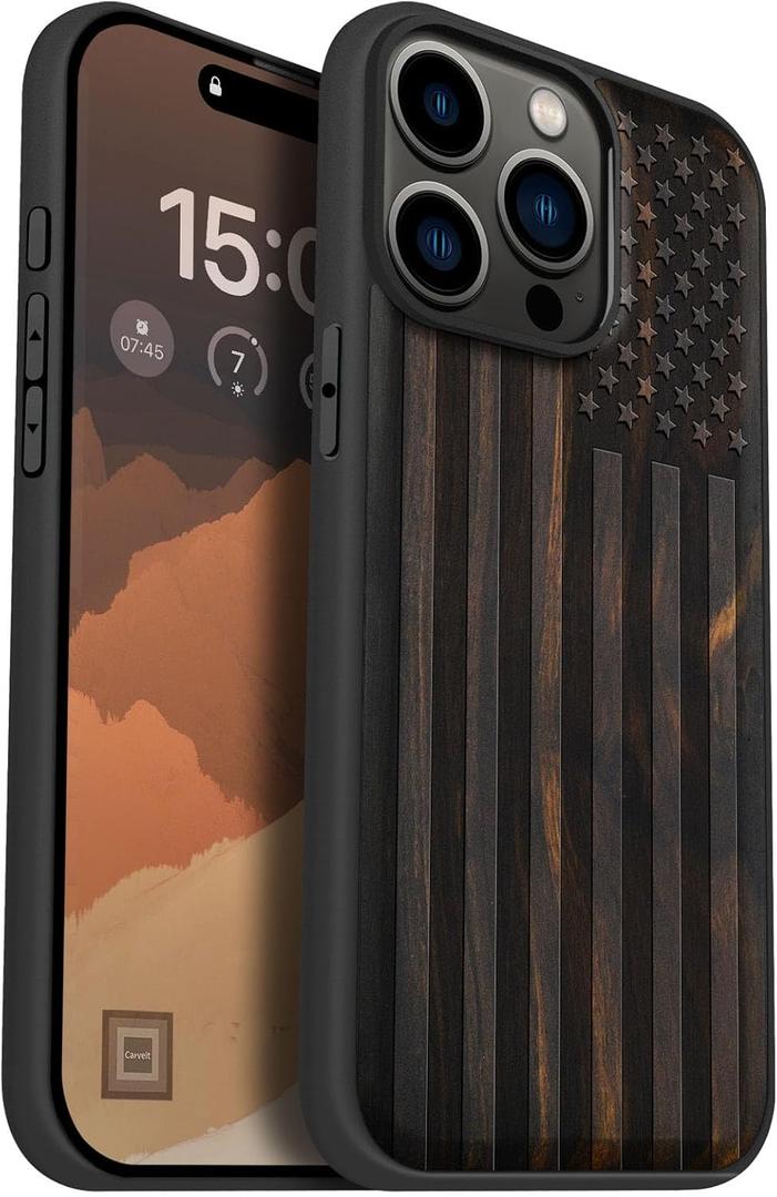 Carveit Magnetic Wooden Case for iPhone 15 Pro Max Case, Compatible with MagSafe Wireless Chargers, Black Soft TPU Shockproof Cover & Wood Artisan Engraved (American Flag) - Blackwood