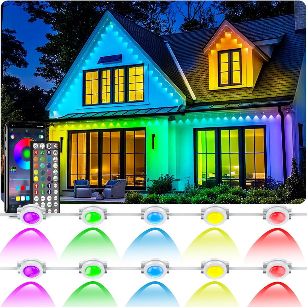 300FT Permanent Outdoor RGB Lights - Waterproof Smart LED Eaves Lights with App/Remote Control, Music Sync & DIY Scenes, Perfect for Christmas, Halloween, Parties & Daily Decor, Ideal for House Roof